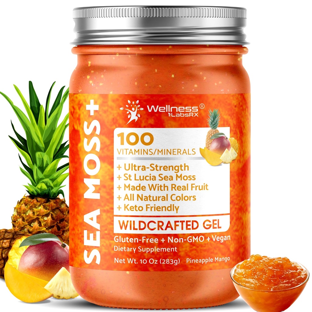 WELLNESS LABSRX Irish Sea Moss Gel Raw - Wildcrafted Superfood Seamoss Gel - Pineapple Mango Flavor, Vitamina y Mineral-Rich de Pristine Caribbean Waters - 10 oz.