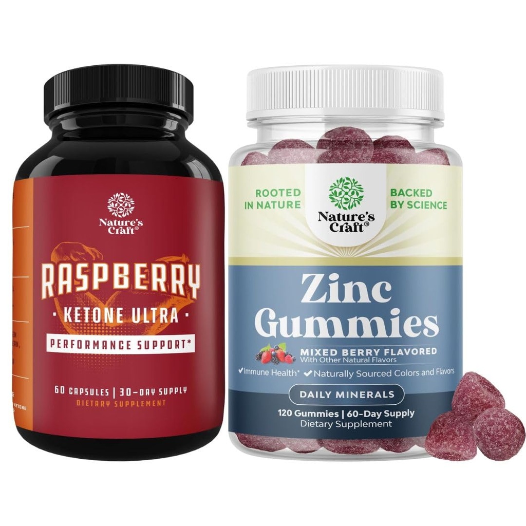 Bundle of Blend of Raspberry Ketones, Green Tea Extract and African Mango – Suppress Appetite & Burn Fat and Extra Strength Zinc Gummies for Energy & Immune Support - Vitamins & Mineral Supplements