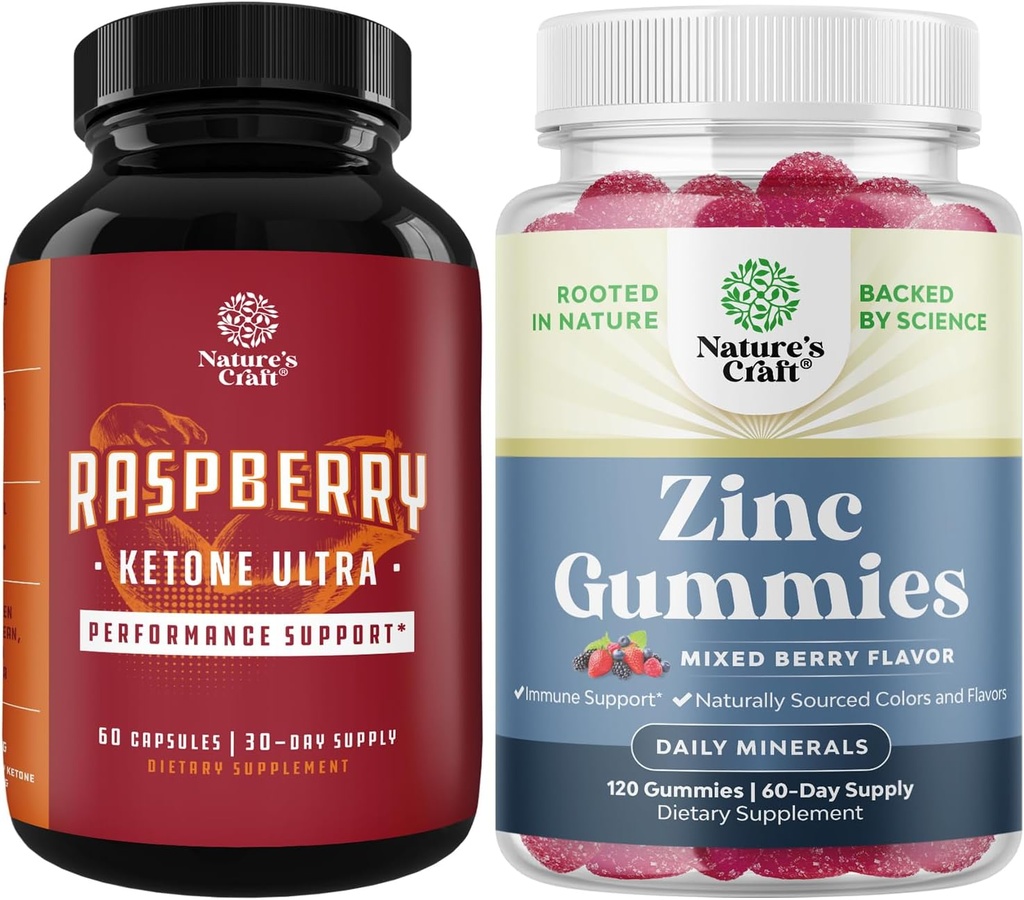 Bundle of Raspberry Ketones, Green Tea Extract " African Mango Blend and Extra Strength Zinc Gummies for Adults - Potent Ingredients to Speed Up Weight Loss, Gluten and Gelatin Free