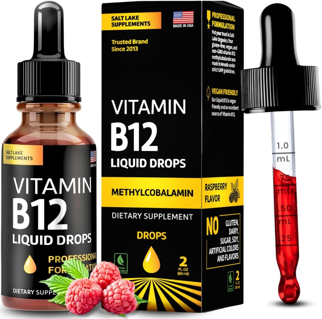 Vitamina B12 Liquid Drops - Vegan B12 vitaminas 5000 mcg Metilcobalamina Fast-Acting Sublingual B Complex Liquid Vitamin B2, B3, B6 - Non-GMO, No Dairy, Soy &amp; Sugar, Raspberry Flavor, 2 fl. oz.