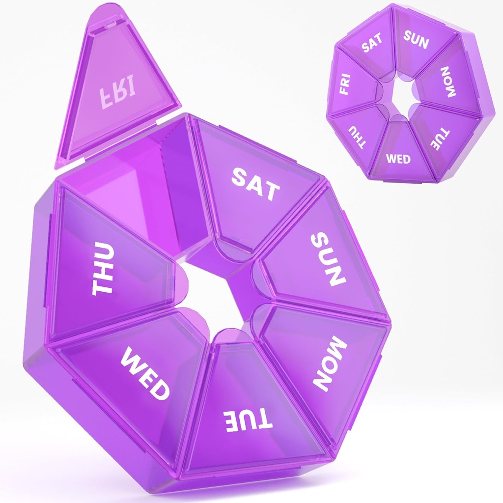 Organizador semanal de píldoras, 2 Pack Caja de píldoras portátiles Caso 6 Colores (Seven Day) Nueva edición para el aceite de vitamina/Fish/Pills/Suplementos-Artritis Friendly (Purple)