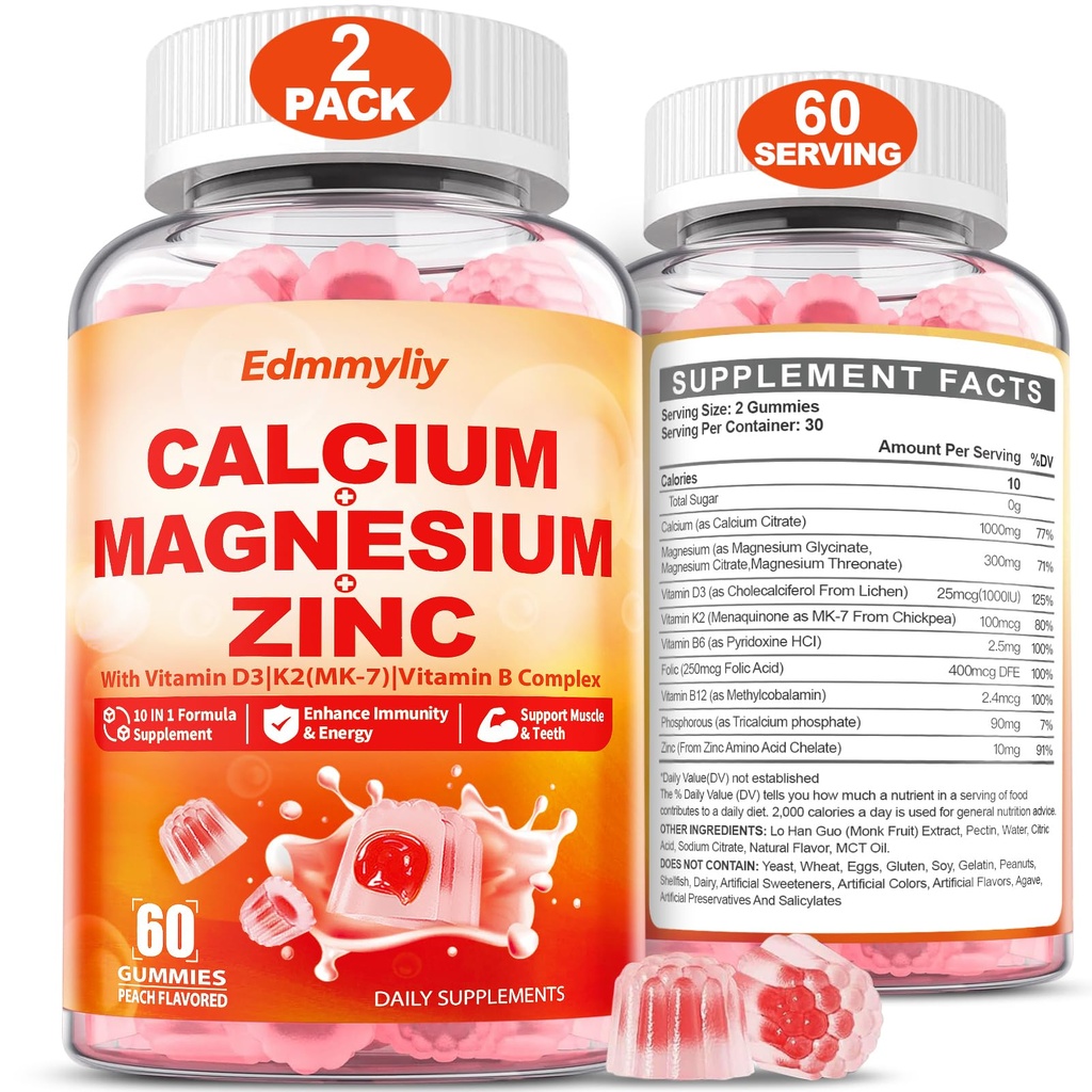 Calcio Magnesio Zinc Suplemento Gummies con vitamina D3 K2 &amp; B Complejo para Mujeres Hombres 1000mg Citrato de calcio con Magnesio Gummies para Bone, Muscles &amp; Immune Support, Sugar Free, Vegan