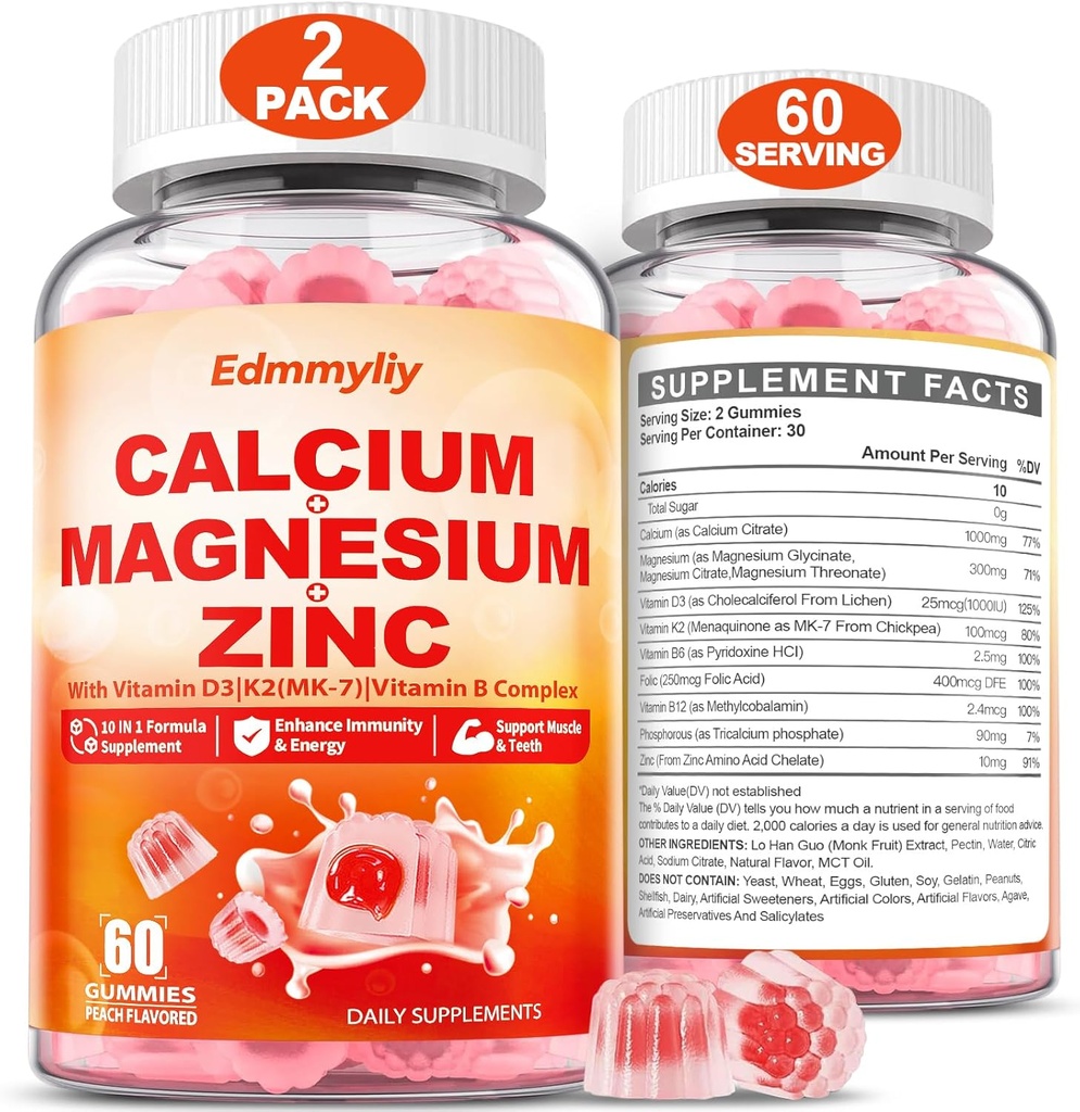 Calcio Magnesio Zinc Suplemento Gummies con vitamina D3 K2 &amp; B Complejo para Mujeres Hombres 1000mg Citrato de calcio con Magnesio Gummies para Bone, Muscles &amp; Immune Support, Sugar Free, Vegan