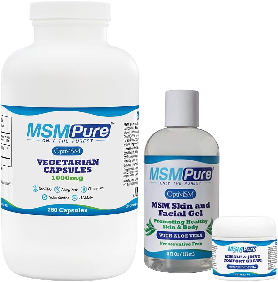KALA HEALTH MSMPure Starter Bundle with MSM Capsules 250 Count, MSM Muscle & Joint Cream 2oz and MSM Gel with Organic Aloe 8oz