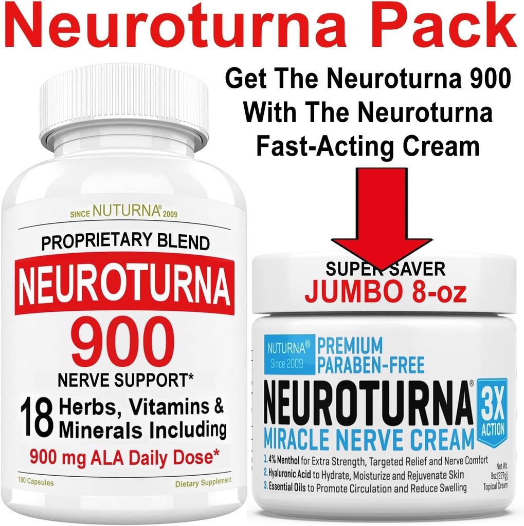 Nerve Relief Cream 8 oz Plus Neuroturna Nerve Support 900 mg ALA Support