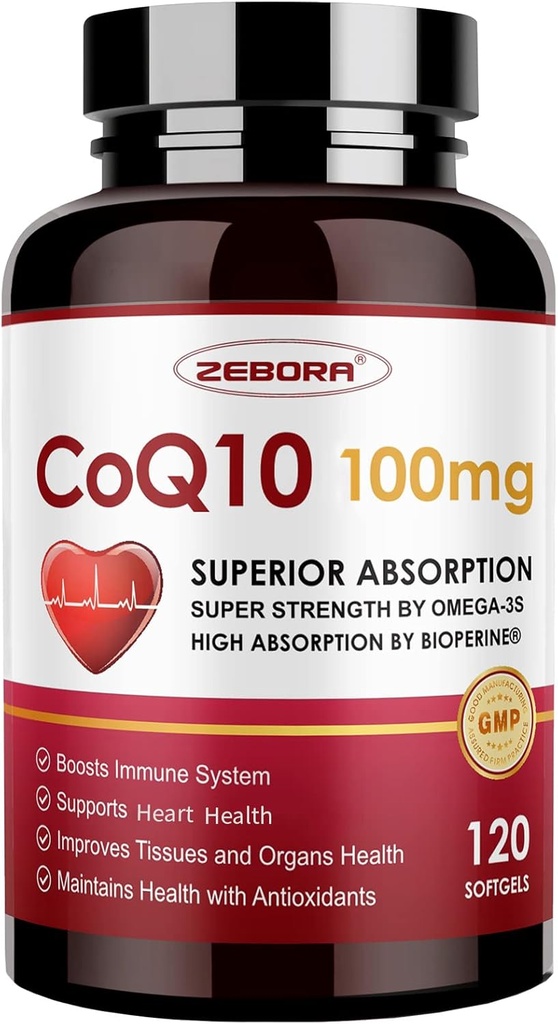 ZEBORA CoQ10-100mg-Softgels con PQQ, BioPerine &amp; Omega-3, Coenzima de alta absorción Q10 Suplemento, Potente Antioxidante, Corazón de apoyo &amp; Energía-producción 120 Serviciones, No GMO