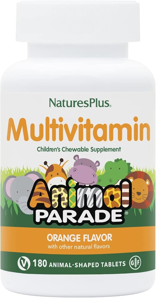 Natures Plus Animal Parade Multivitamínico Chewable - Orange Flavor - 180 Tablas con Forma de Animales - Promueve Salud &amp; Bienestar - Vegetariano, Gluten Gratis - 90 Servimientos