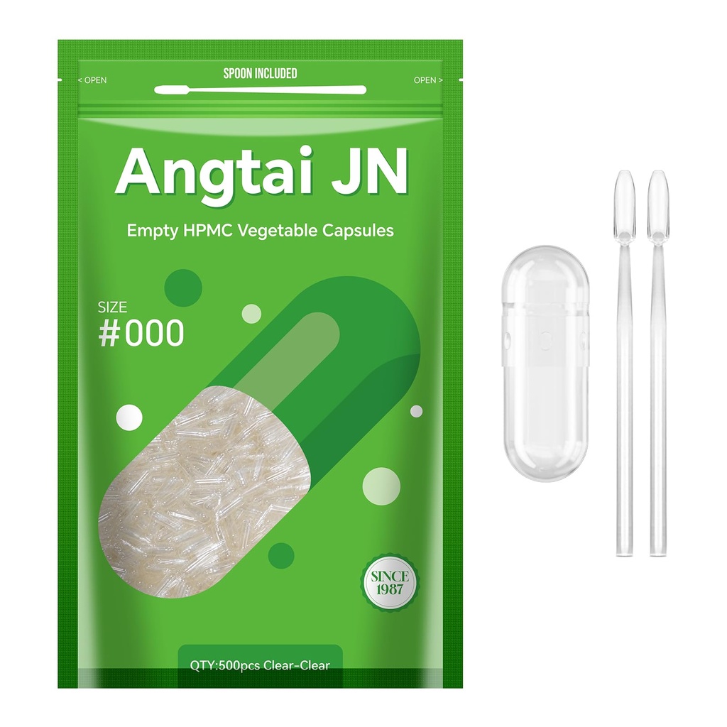 Cápsulas Tamaño 000 Vegan Empty Plant Based Clear (500 Conde) Gluten Free, Non-GMO, Halal Certified Pill Caps Filling Kit con 2 cucharas para DIY vegetariano Sus propios Suplementos