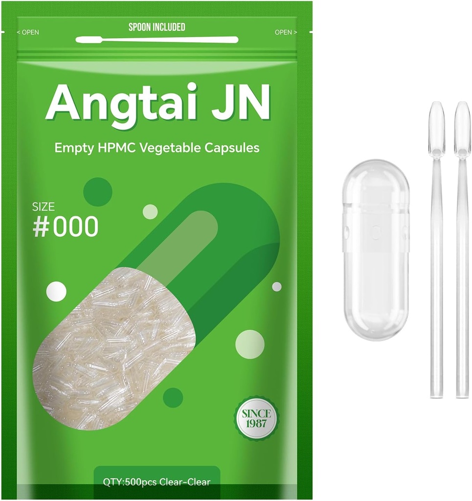 Cápsulas Tamaño 000 Vegan Empty Plant Based Clear (500 Conde) Gluten Free, Non-GMO, Halal Certified Pill Caps Filling Kit con 2 cucharas para DIY vegetariano Sus propios Suplementos