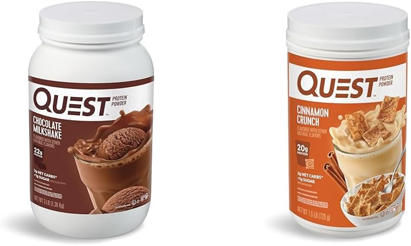 Quest Nutrition Chocolate Milkshake Protein Powder, 22g Protein, 1g Sugar, Low Carb, Gluten Free, 3 libras, 43 piezas " Cinnamon Crunch Protein Powder, 20g Protein, 2g Net Carb, 1g Sugar