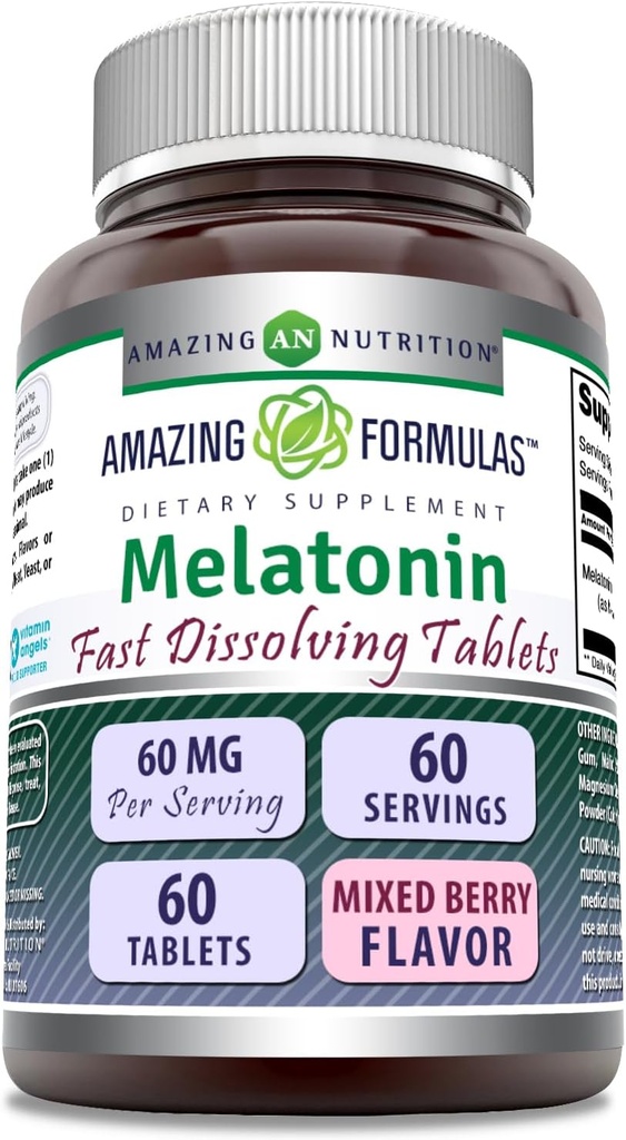 Amazing Fórmulas Melatonin Fast Dissolving Suplemento ← 60 Mg per Serving ← Berery Flavor mezclado 60 Tablets ← Non-GMO TEN Gluten-Free TEN Made in USA
