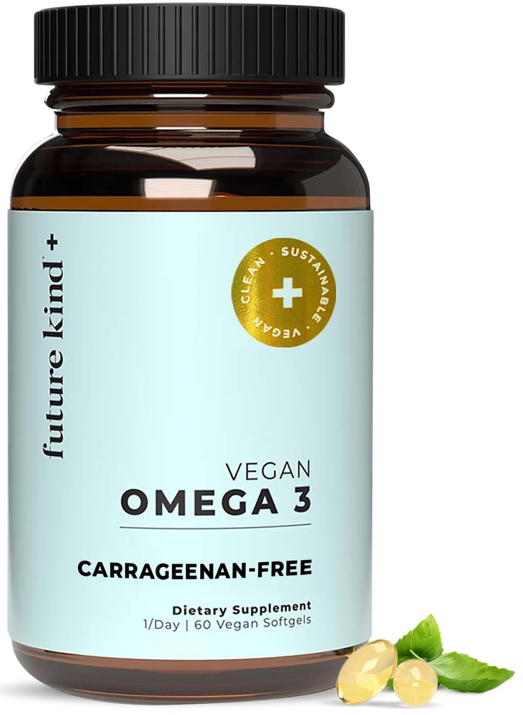 Future Kind Vegan Omega 3 Suplemento - Glass Bottle, Carrageenan-Free Algae, DHA &amp; EPA for Joint &amp; Mood Support - 2 Month Supply for Kids &amp; Adults