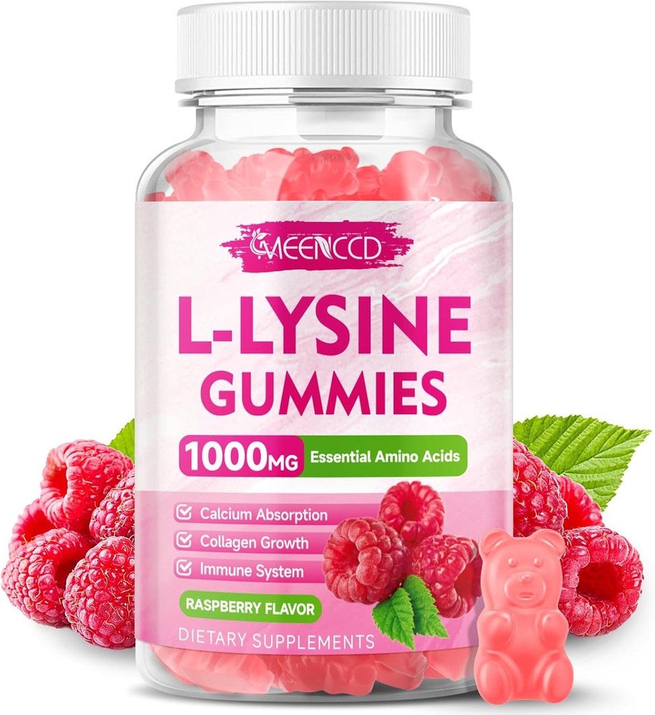 L-Lysine 1000mg Gummies, Lysine Supplement for Adults & Kids, Essential Amino Acid Supplement for Lips & Oral Health, Boost Immune & Collagen & Calcium, Sugar-Free, Raspberry Flavor, 60 Count