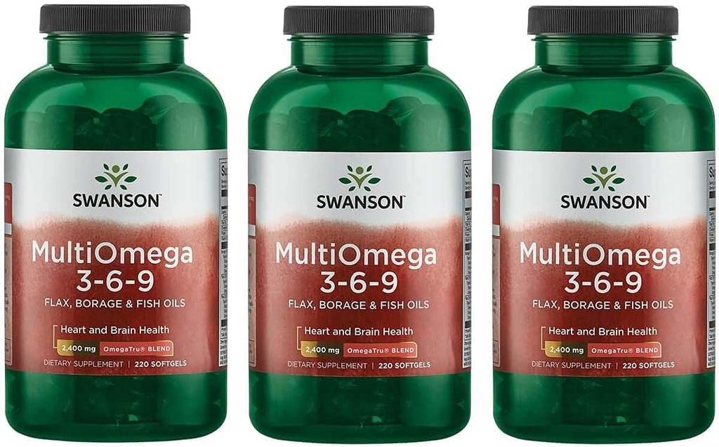 Swanson MultiOmega 3-6-9 - Aceite de Flax no GMO, Aceite de Borage, Cápsulas de Aceite de Pez ' Pulido' - Acidos grasos esenciales Apoyo a la Salud Cardiovascular ' Pulido' Salud cerebral - (220 Softgels, 2400 mg Servir) 3 Botellas