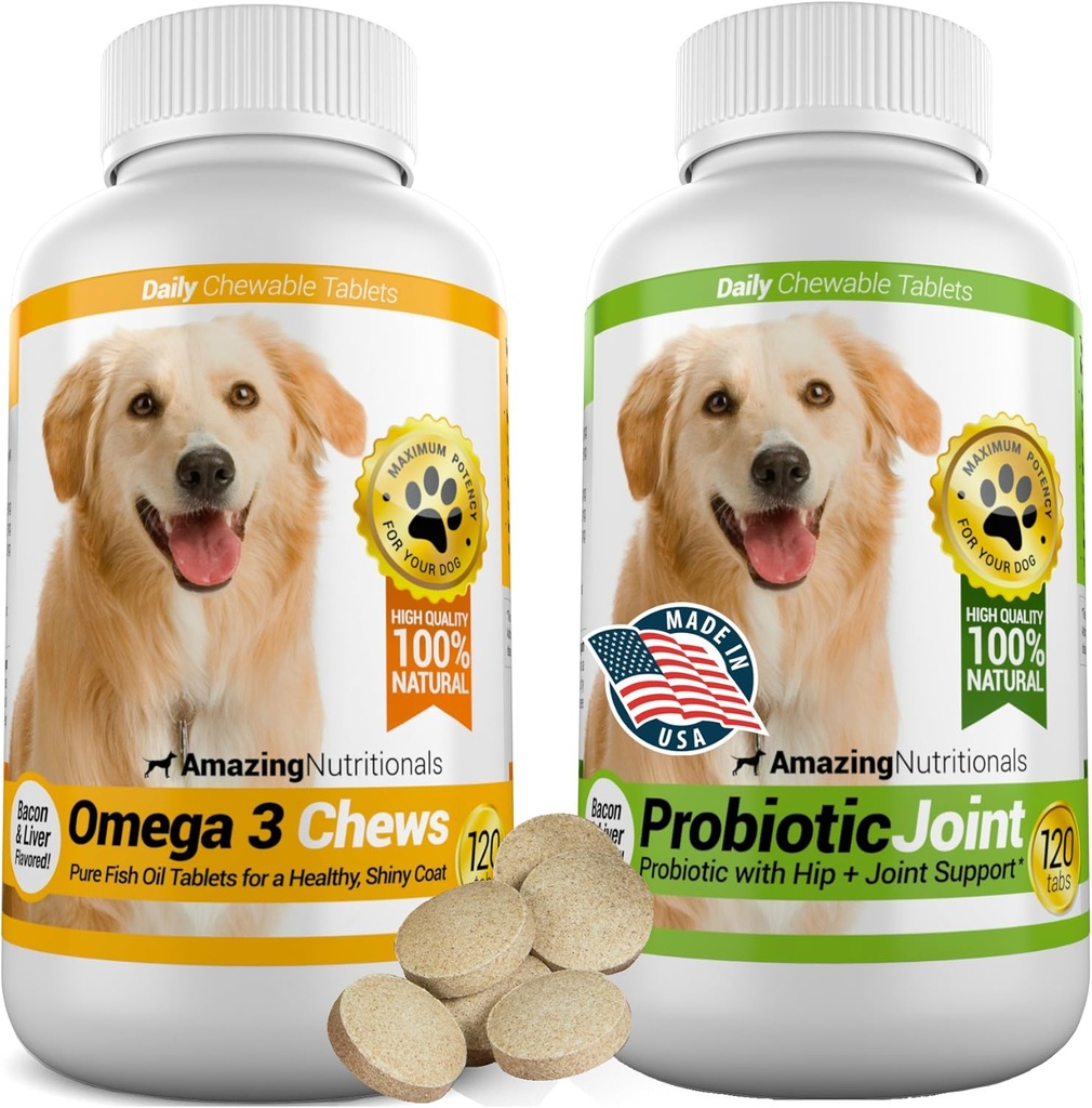 Increíble Combo Omega-3 Fish Oil and Probiotics for Dogs - Puro Todo-Natural Pet Antioxidant - Promueve la carne brillante, la salud cerebral, elimina el gas de diarrea y el dolor articular, 120 cerdas x 2
