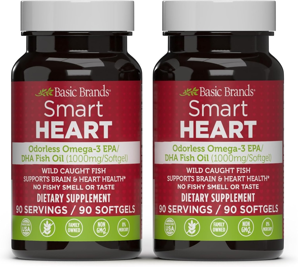 Marcas básicas Smart Heart Odorless Omega-3 Fish Oil 1000mg - Triple Strength EPA & DHA, Non-GMO, Heart & Cognitive Support - 90 Burpless Softgels - 2-Pack