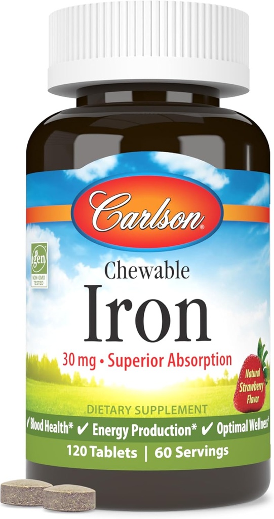 Carlson - Hierro Chewable, 30 mg, Absorción Superior, Salud de la Sangre, Producción de Energía y Bienestar Optimal, Suplemento de Hierro Chewable para Hombres Mujer, Sabor de Fresa Natural, 120 Tabletas