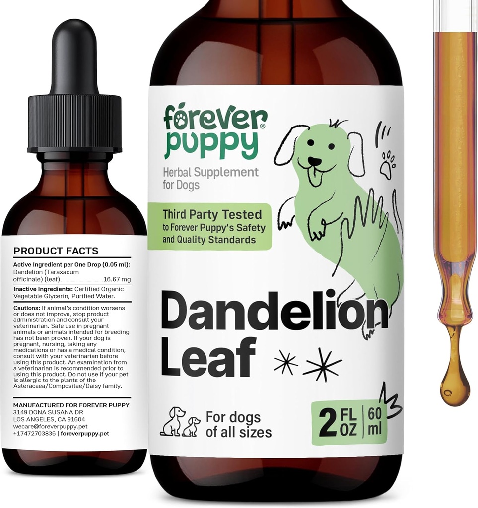Forever Puppy Dandelion Leaf Drops for Dogs - Kidney Health Liquid Supplement for Large, Medium &amp; Small Dogs - Kidney Cleanse Detox Drops w/Dandelion Leaves Tincture - 2 oz