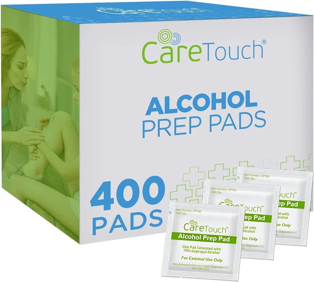Care Touch Alcohol Wipes Agitado individualmente - Prep Pads con 70% Isopropyl Alcohol, Ideal para el hogar, Médico &amp; Primeros Kits de Ayuda Esterilizado, Antiséptico 2-Ply Swabs 400 Cuenta