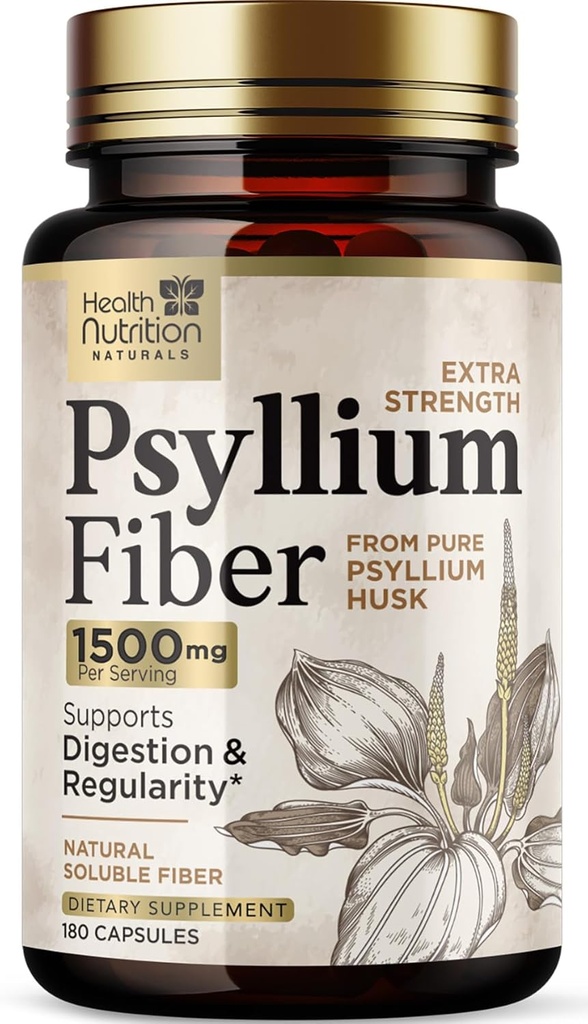 Psyllium Husk Capsules 1500 mg - Píldoras de suplemento de fibra natural, Digestión diaria, Salud de colon, " Apoyo de regularidad, Psyllium Husks Powder Caps, Vegan, No GMO - 180 Cápsulas Veggie