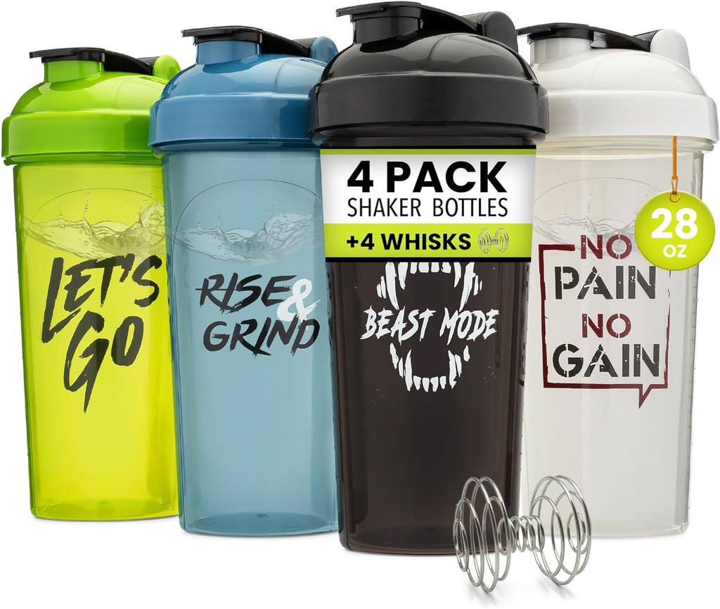 GOMOYO [4 Pack] 28oz Shaker Bottle with Motivational Quotes |Shaker Cup with 4x Wire Mixer | Shaker for Protein Mixes Pack is BPA Free, Leak Proof and Dishwasher Safe