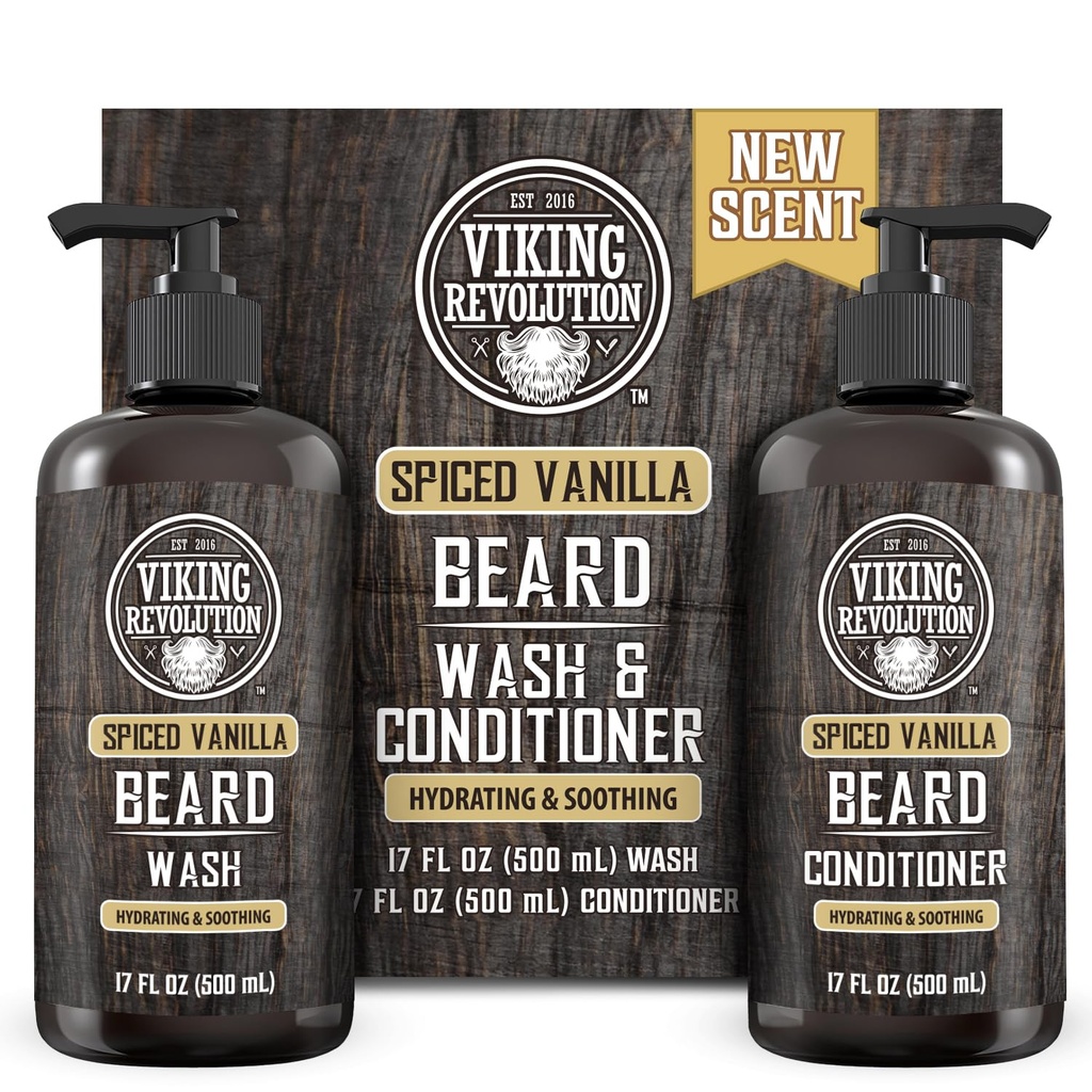 Vikingo Revolucion Beard Wash and Beard Conditioner for Hombres with Argan Oil and Jojoba Oil - Beard Softener and Strengtheninger Beard Care Beard Shampoo and Conditioner with Beard Oil (17oz Spiced Vanilla)