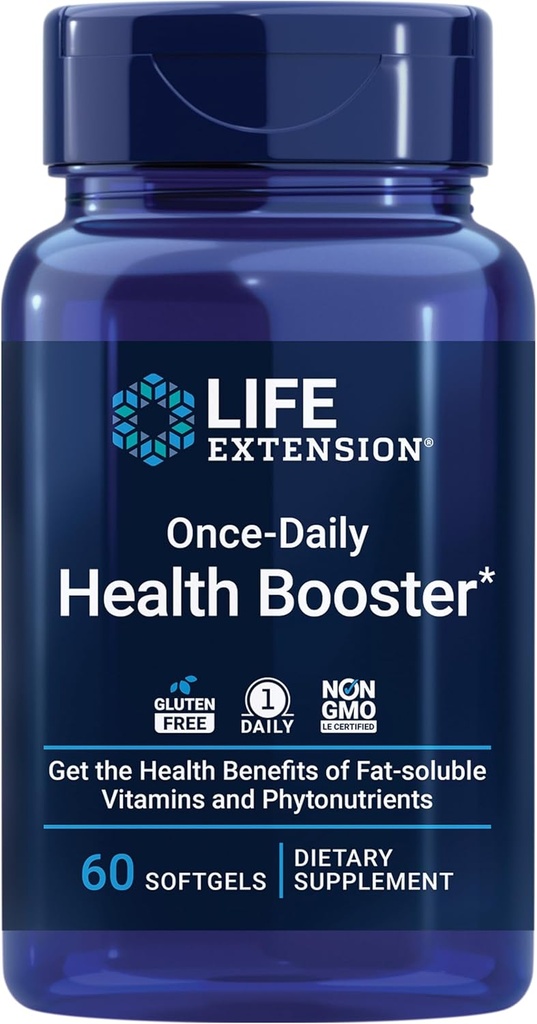 Extensión de la vida Booster de salud una vez por día - Suplemento de vitaminas " Nutrientes para la salud integral - Complejo de vitamina K, vitamina E, azafrán, luteína y más - No GMO, libre de gluten - 60 Softgels