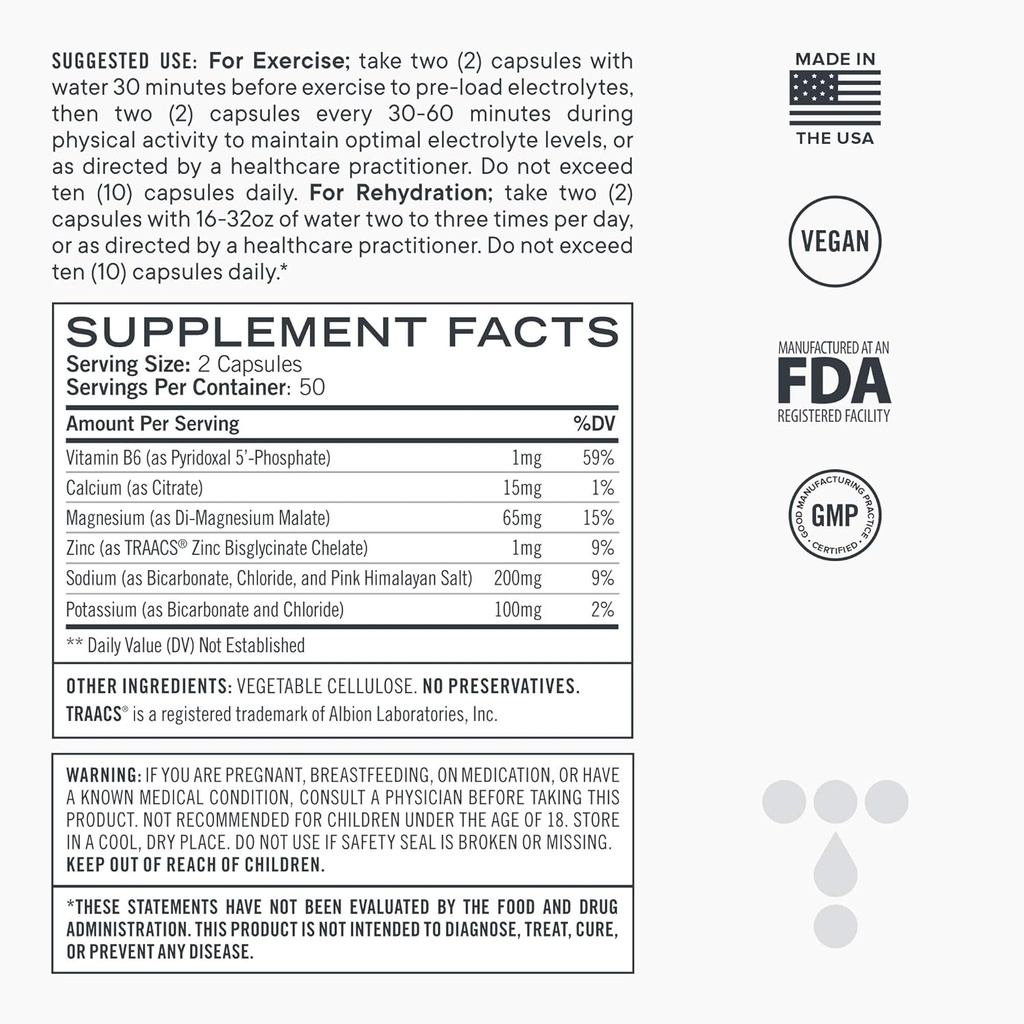 Electrolyte Capsules, Low Carb Natural Replacement Rehydration Salts with Magnesium, Zinc, Calcium, " Sodium (100ct)