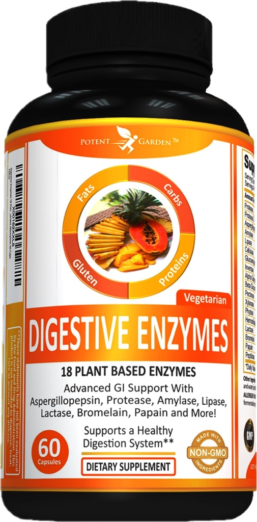 Potent Garden Digestive Enzymes -18 Plant Based Enzymes with amylase lipase bromelain Protease lactase & Other Enzymes - One Pre Meal Pill Supports Healthy Digestion & Nutrient Absorption 60 Caps