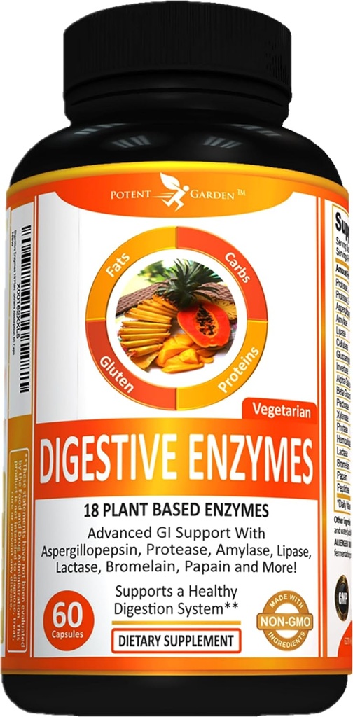 Potent Garden Digestive Enzymes -18 Plant Based Enzymes with amylase lipase bromelain Protease lactase &amp; Other Enzymes - One Pre Meal Pill Supports Healthy Digestion & Nutrient Absorption 60 Caps