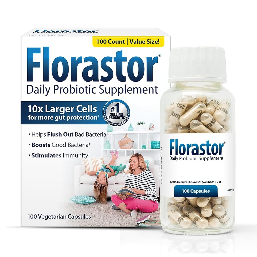 Florastor Suplemento Probiótico diario para mujeres y hombres, Procedido para apoyar la salud digestiva, Saccharomyces Boulardii CNCM I-745 (100 cápsulas)