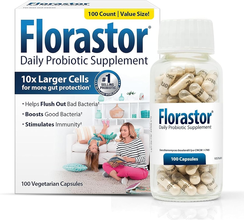 Florastor Suplemento Probiótico diario para mujeres y hombres, Procedido para apoyar la salud digestiva, Saccharomyces Boulardii CNCM I-745 (100 cápsulas)