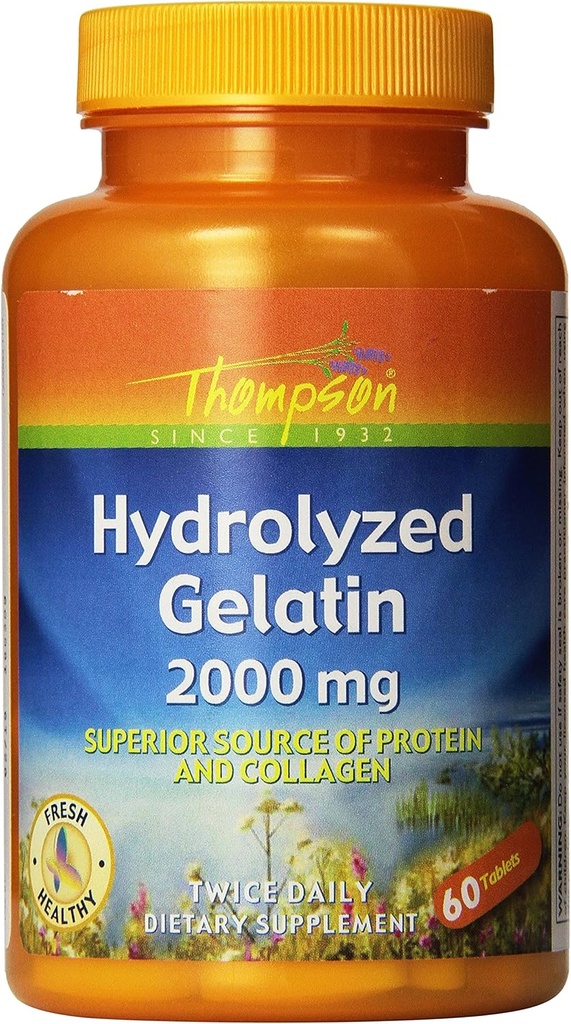 Thompson Hydrolyzed Gelatin 2000mg Silencio Bovine-Sourced Protein " Collagen for Healthy Cells " Nails Support ¦ Enhanced Absorption ← 60 Tablets ⋅ Pack of 2
