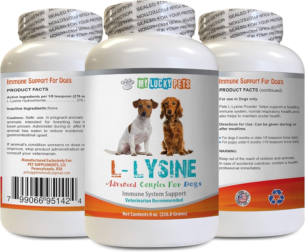 Suplementos de Aminoácidos Perros - Pólvora LYSINE Perro - Formulario de pólvora puro - Soporte de sistema inmunitario - Vet Recomendado - perros lisinos - 1 Botella (8oz 226.8 Grams)