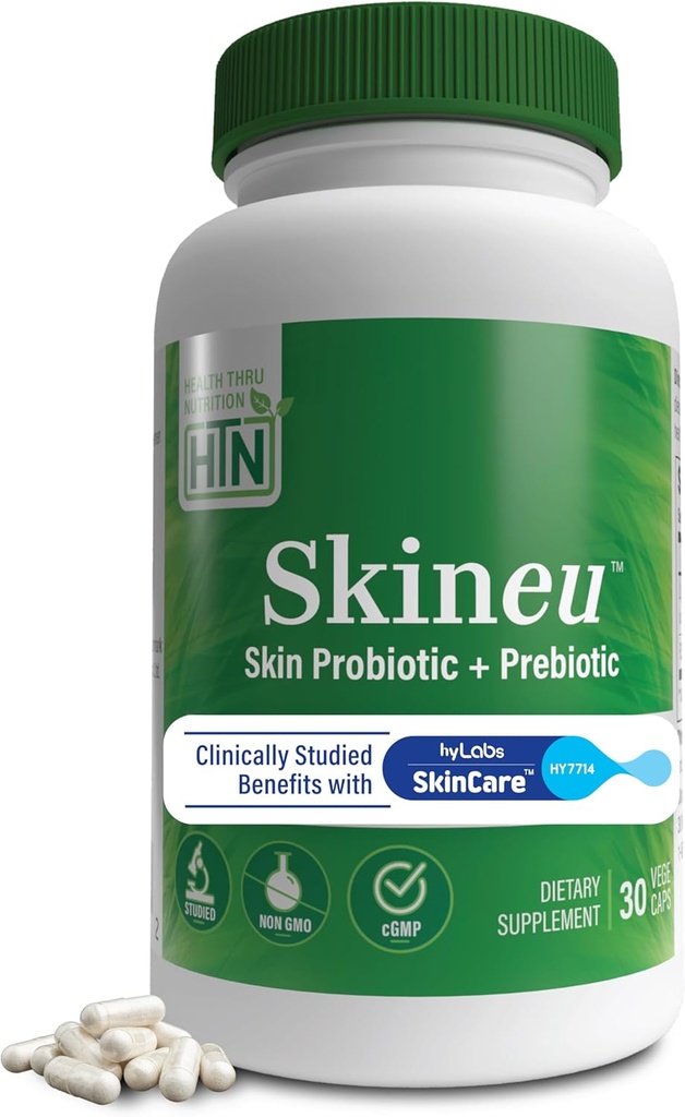 Health Thru Nutrition Skineu - Skin Probiótico + Prebiótico TEN Apoya la hidratación de la piel " Elasticity TEN clínicamente Studied Ingredients TEN3rd Party Tested, Non-GMO " Gluten-Free TEN 30 VegeCapsules