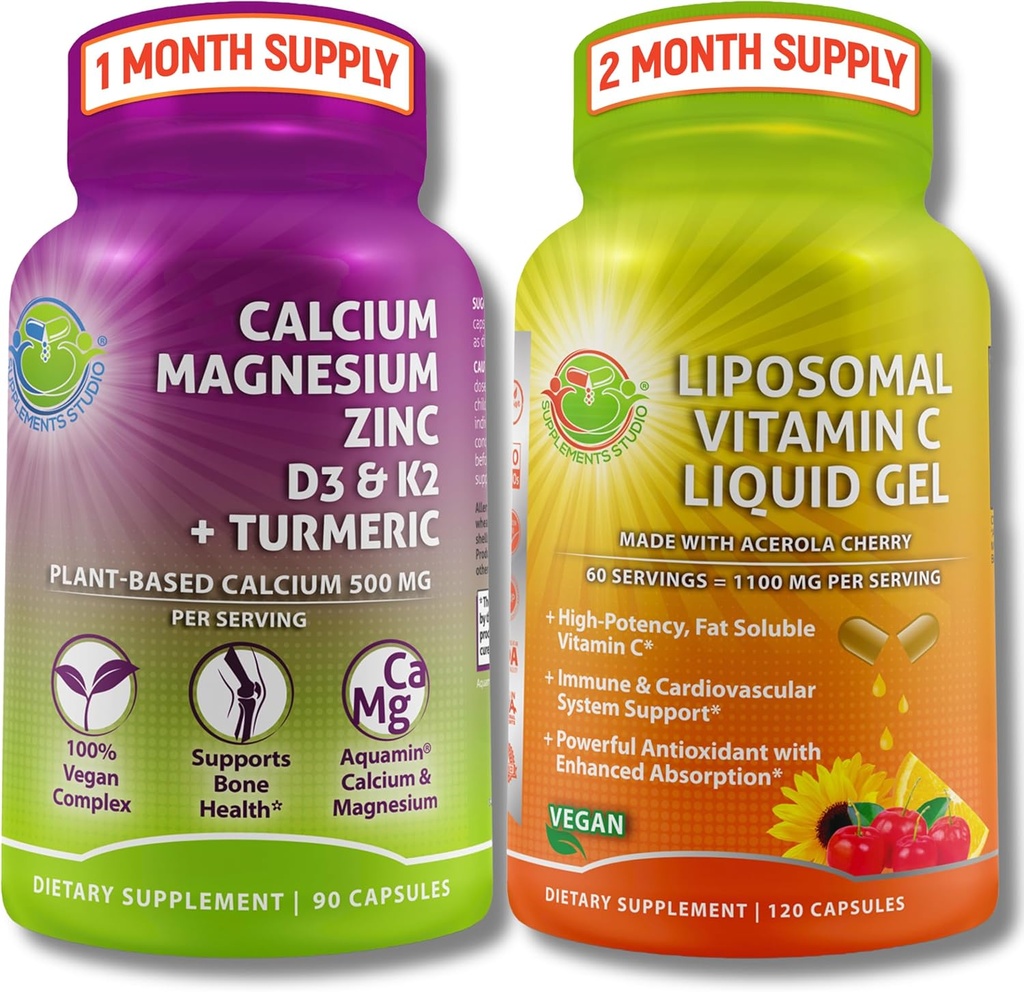 Bone &amp; Immune Support Bundle – Liposomal Vitamina C 1100mg Liquid Gel enriquecido con Acerola Cherry " Plant-Based Calcium (de Aquamin®), Magnesium, Zinc, D3, K2 + Turmérico – Clean Wellness Support