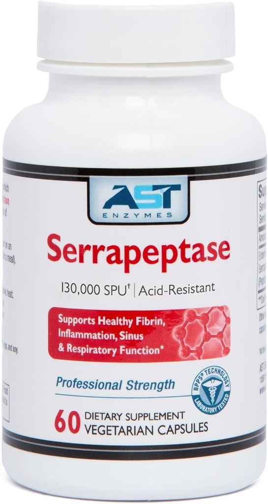 AST Enzymes Serrapeptase 130,000 SPU – 60 cápsulas vegetarianas – Premium Enzimas Sistémicos Naturales –Acid-Resistant Serrapeptase