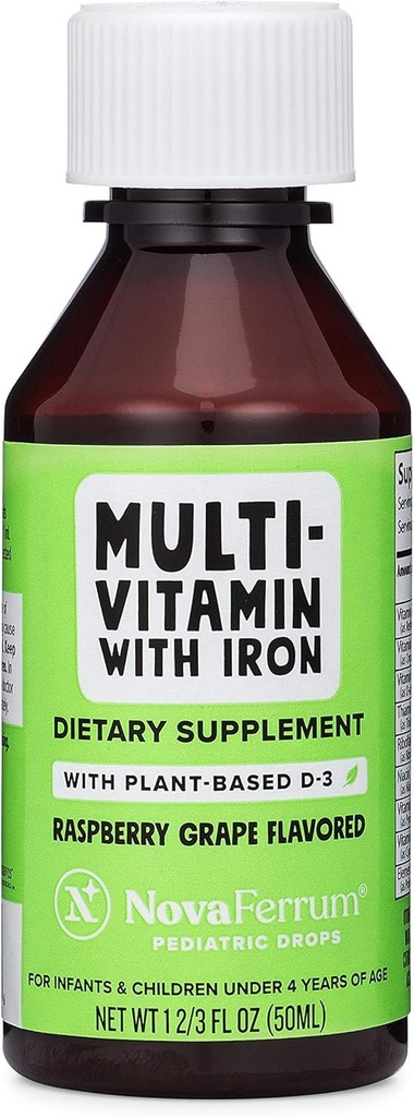 NovaFerrum Delish | Vegan Multivitamin with Iron for Infants, Toddlers & Kids | Immune Support | Organic Plant-Based D-3 | Gluten Free | Vegan Verified | Sugar Free | 1.69 Fl Oz (50 mL)