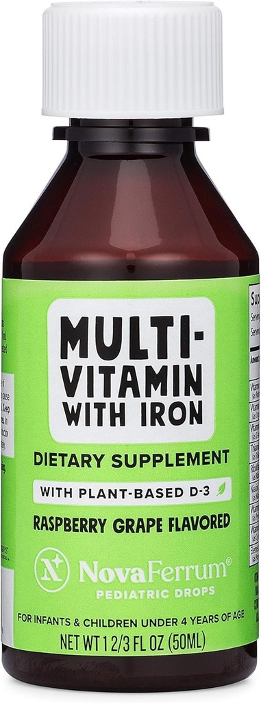 NovaFerrum Delish ← Vegan Multivitamin with Iron for Infants, Toddlers &amp; Kids Silencio Immune Support ← Orgánica de base vegetal D-3 Silencio Gluten Gratis ← Vegan Verified ← Sugar Free ← 1.69 Fl Oz (50 mL)