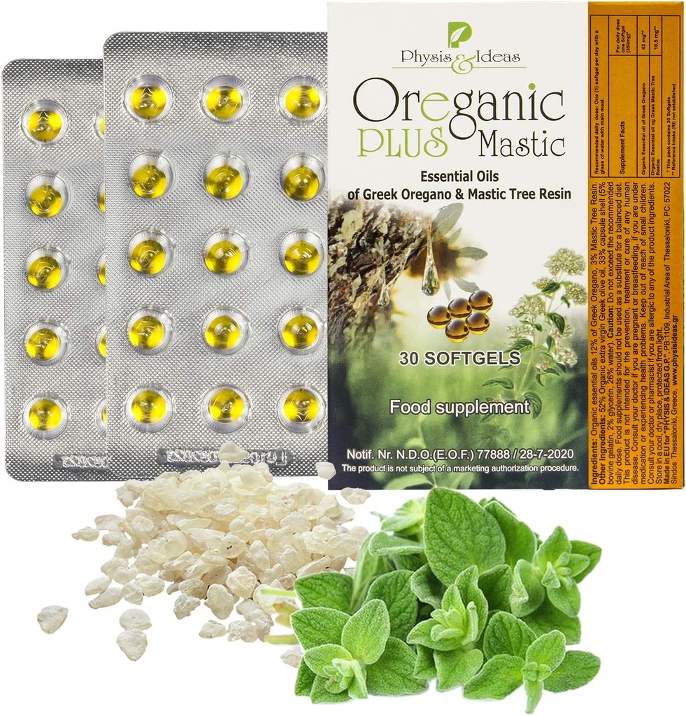 Oreganic Plus Mastic - Oregano Esencial Capsules de aceite & Chios Mastic Gum Oil - Oregano salvaje Capsules de aceite orgánico - Immune Booster y Apoyo Intestinal - Non-GMO - 30 Conde Blister
