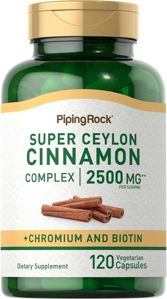 Piping Rock Ceylon Cinnamon Capsules 2500 mg | 120 Pills | Complex Supplement with Chromium and Biotin | Vegetarian, Non-GMO, Gluten Free