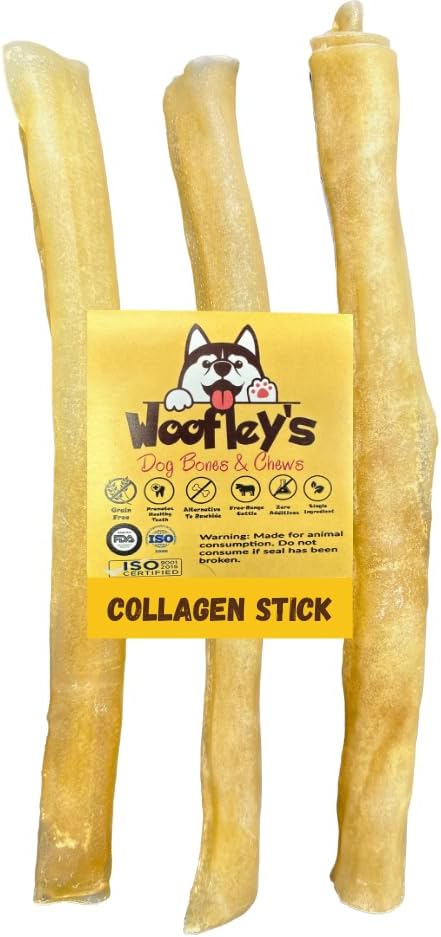 Woofley's 12 Inch Pure Collagen Sticks for Dogs (3 Count) - Chews for Medium &amp; Large Dogs - Bully Stick Rawhide Alternative