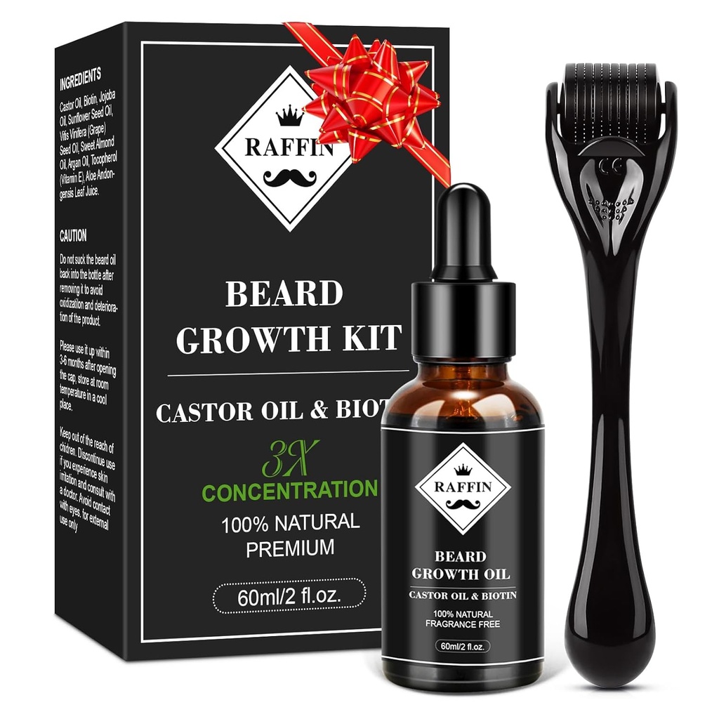 Kit de crecimiento de la barba RAFFIN, aceite de crecimiento de la barba mejorado (2Oz) w/Maximum Thickening Biotin " Castor Oil for Spot/Patchy Beard, Achieve Fuller, Thicker " Healthier Beards, Gifts for him Boyfriend Husband Dad