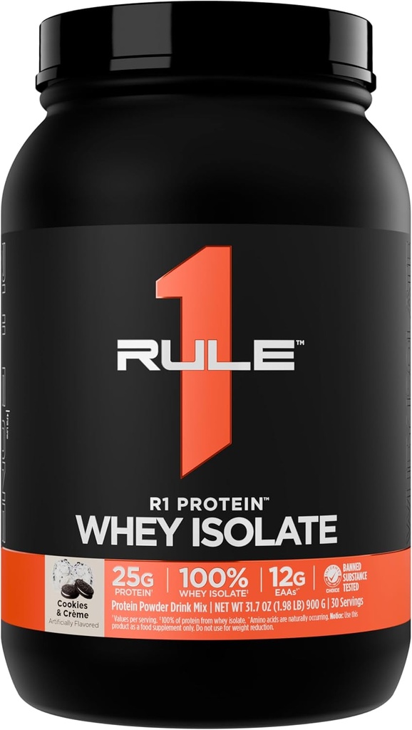 Regla 1 R1 Proteína Whey Isolate - con 25g Protein &amp; 6g BCAA Exclusivamente de Fuentes Isoladas " Hidrolyzed para la recuperación del entrenamiento (2 libras*, Cookies " Crème)