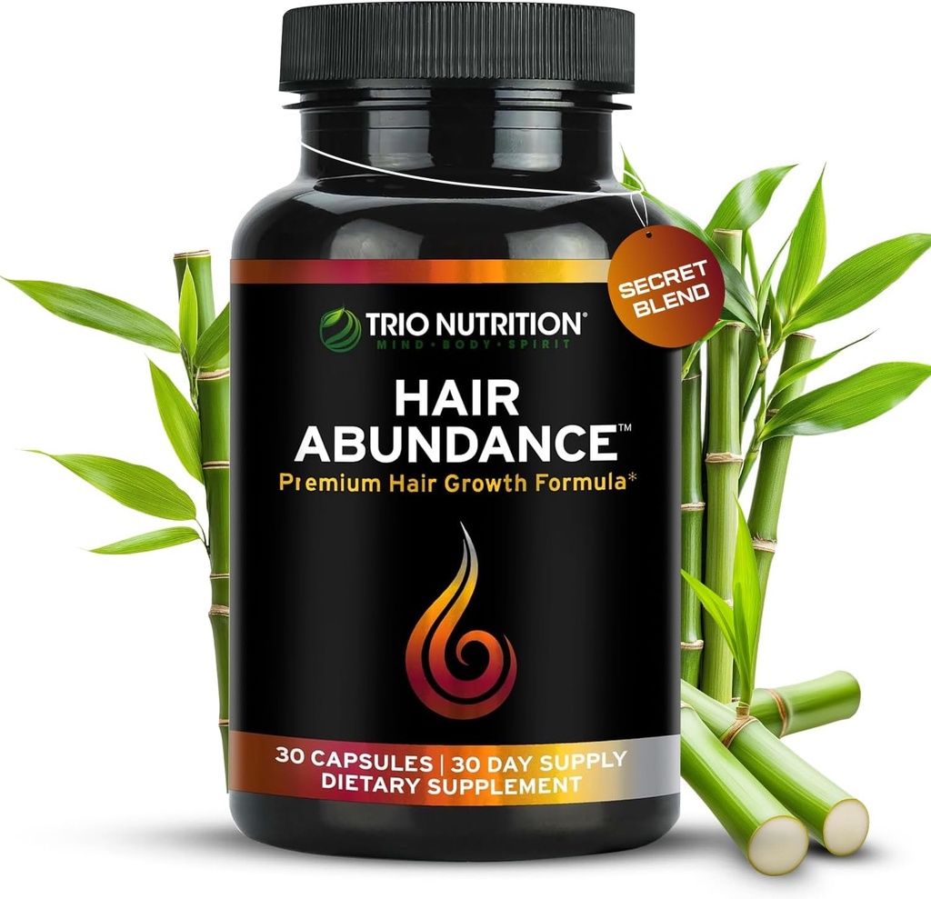 TRIO NUTRITION Hair Abundance ← Natural Vitamin Supplement for Hair Growth, Strong Nails and Smooth Skin habit Boosted with Collagen, Keratin, Zinc &amp; Selenium ← Biotin 10000mcg ← 30 Day Supply