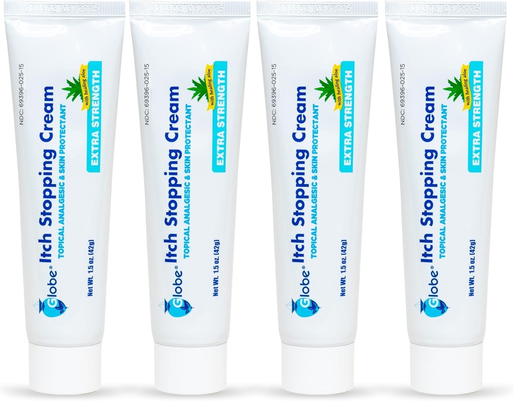 (4 Pack) Globe Extra Strength Itch Stopping Anti-Itch Cream 1.5 Oz con Histamine Blocker, Diphenhydramine HCl Topical Analgesic &amp; Zinc Acetate Skin Protectant for Relief from Most Outdoor Itches
