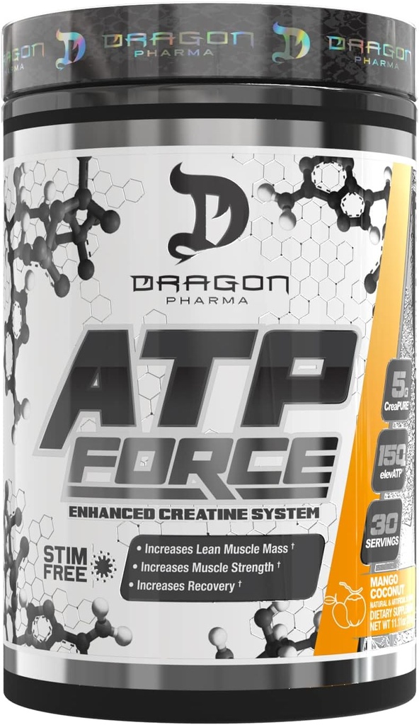 DRAGON PHARMA ATP Force Enhanced Creatine System, Stim-Free, Aumentar Masa muscular magra &amp; Recuperación, 5 Grams of CreaPure, Mejora el flujo sanguíneo (30 Servings, Mango Coconut)