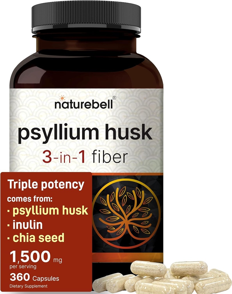 NatureBell Psyllium Husk Fiber Supplement, 1,500mg Por Serving, 360 Capsules  with Inulin &amp; Chia Seed ANTE Orgánica Soluble Fiber for Digestive & Gut Health ¦ Plant-Based, Non-GMO, Gluten-Free