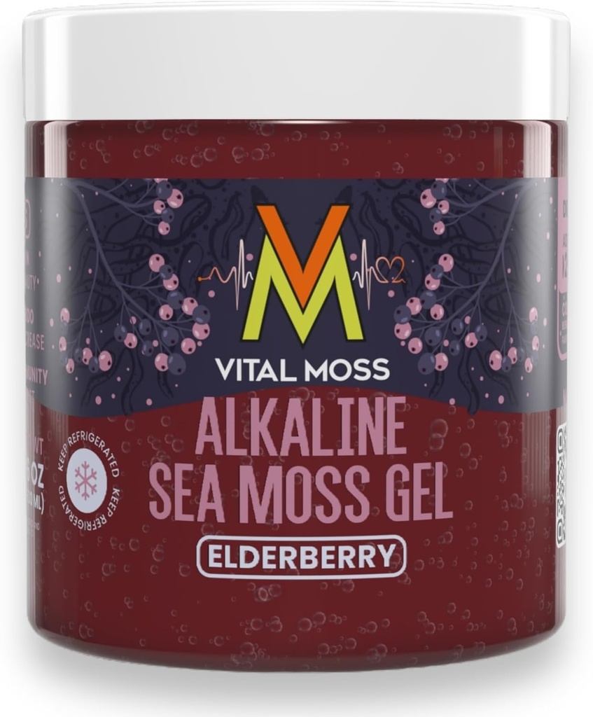 VitalMoss Elderberry Irish Sea Moss Gel, St Lucia Wildcrafted Alkaline with Minerals Vitamins and Antioxidants, Thyroid and Immune Support Supplement, Raw, Vegan Friendly, 16oz