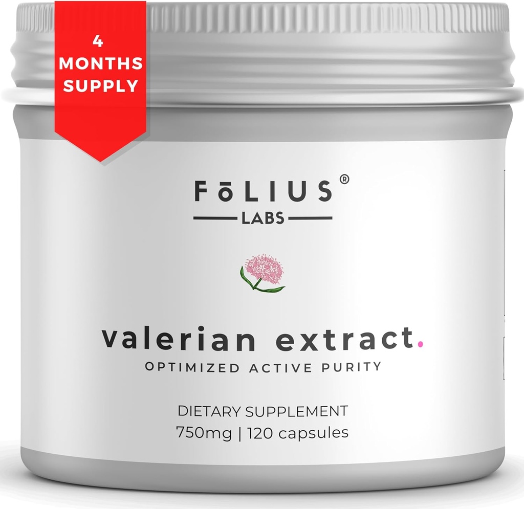 Valerian Root 4:1 Extracto Cápsulas 750mg – Optimizada Puridad Activa – 4X Concentración Valerian Root Extract Suplemento - Gluten Free, Non-GMO - Promueve Relajación - 120 Cápsulas